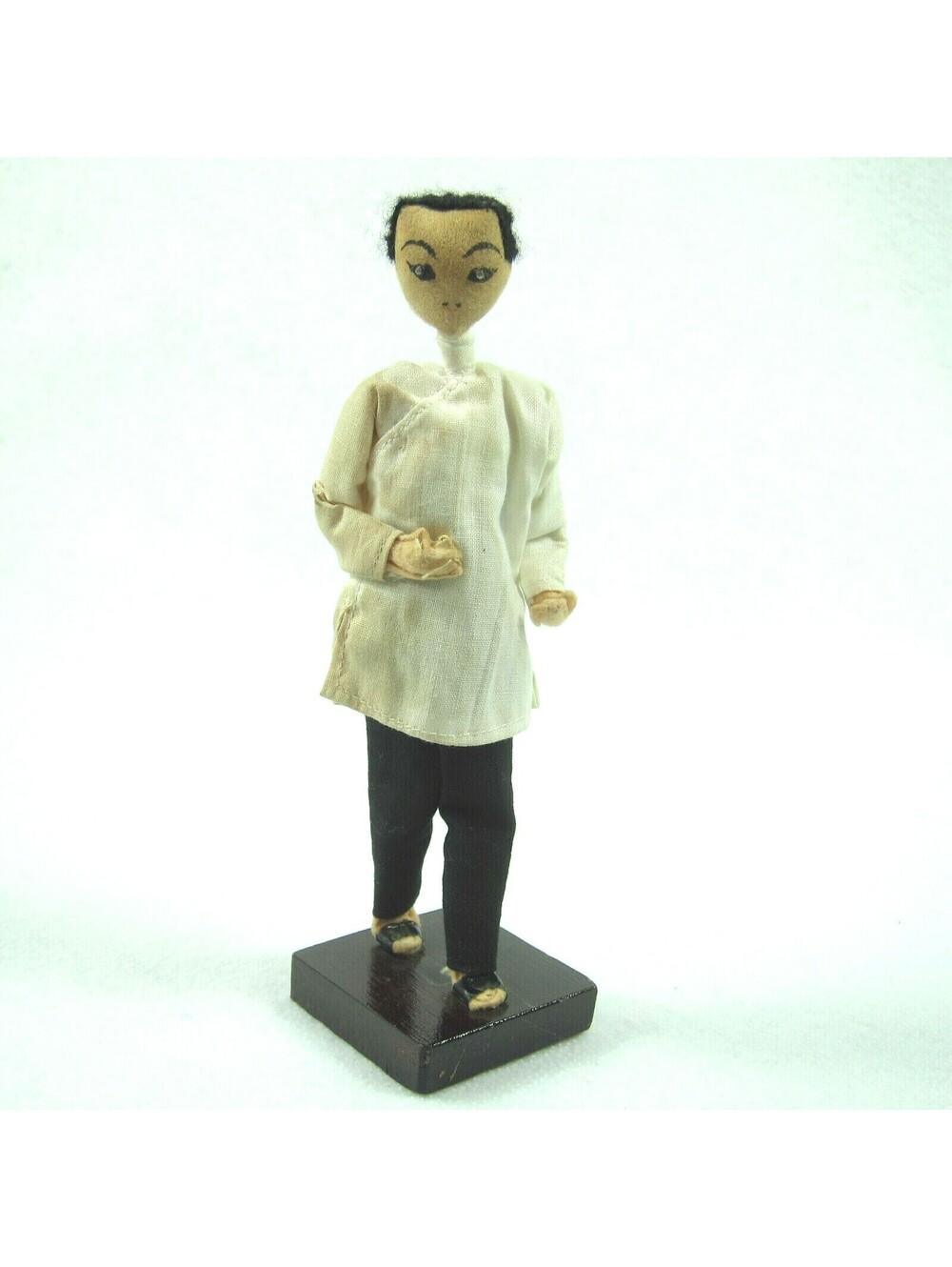 Vintage 1950s Singapore Baby Amah Doll Figurine 7" Handmade Cloth Wood Base